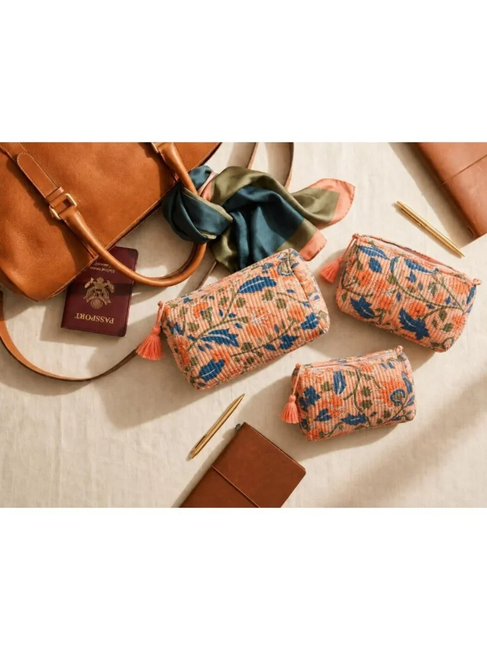 Floral Travel Cosmetic Case - Apricot Blue, Zippered, Cotton, 9x4x7 Inches